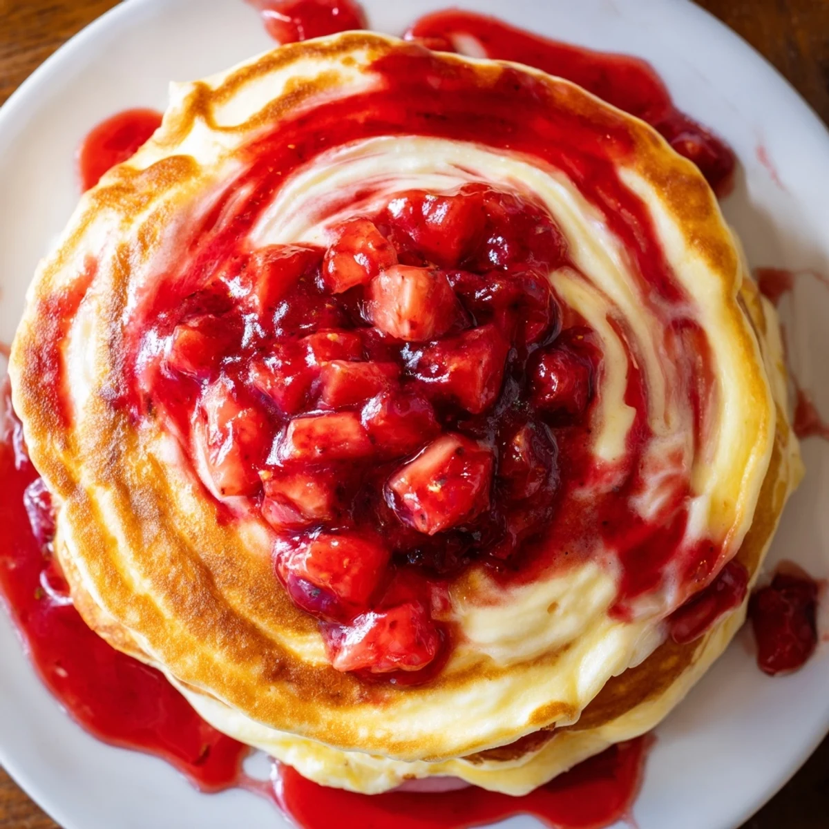 A serving of Fluffy Strawberry Cheesecake Pancakes beside a fork, showcasing the airy texture and rich cheesecake filling on a rustic table.