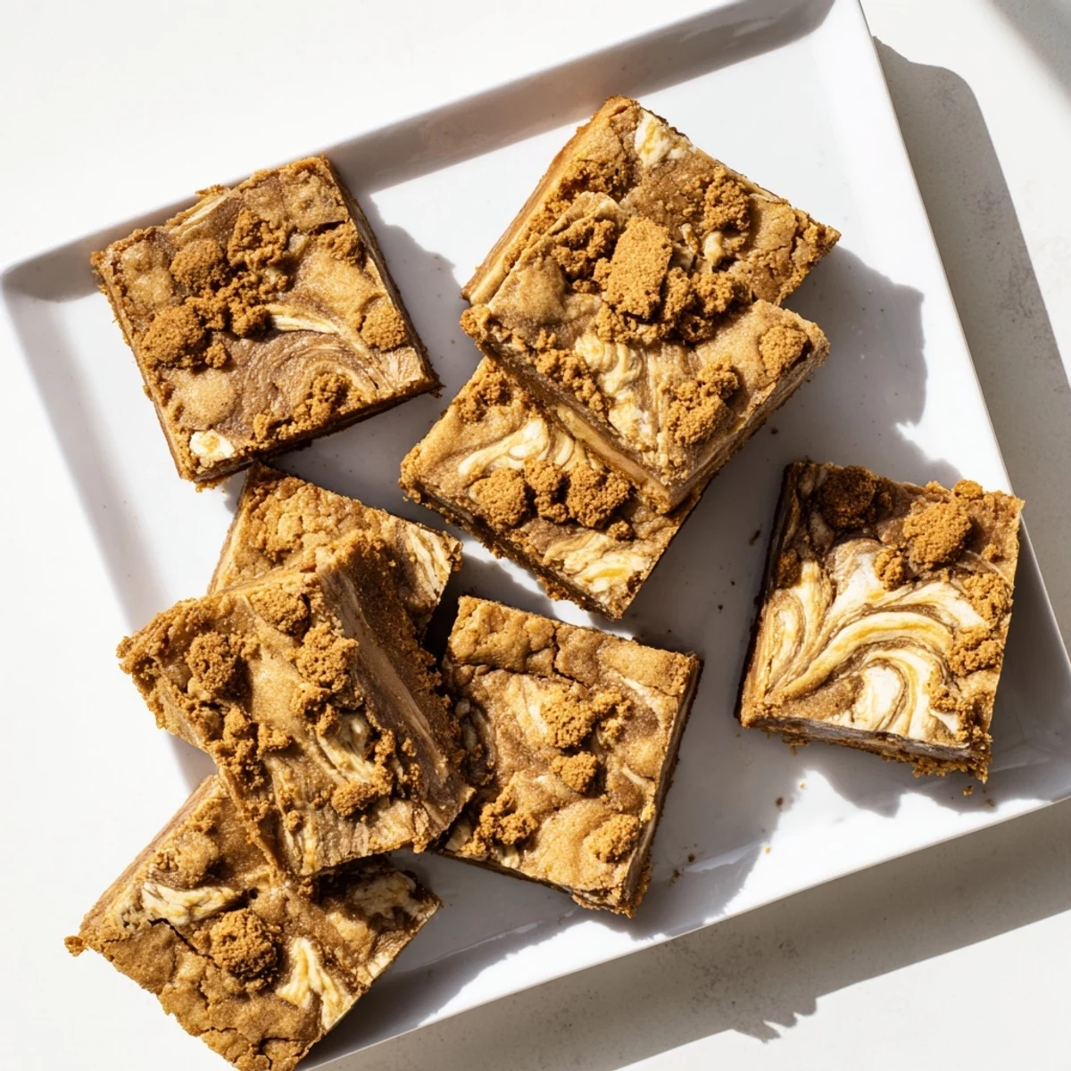 Golden Brown Butter Biscoff Blondies sit stacked on a wire rack, showcasing a chewy texture and melted cookie butter swirl.