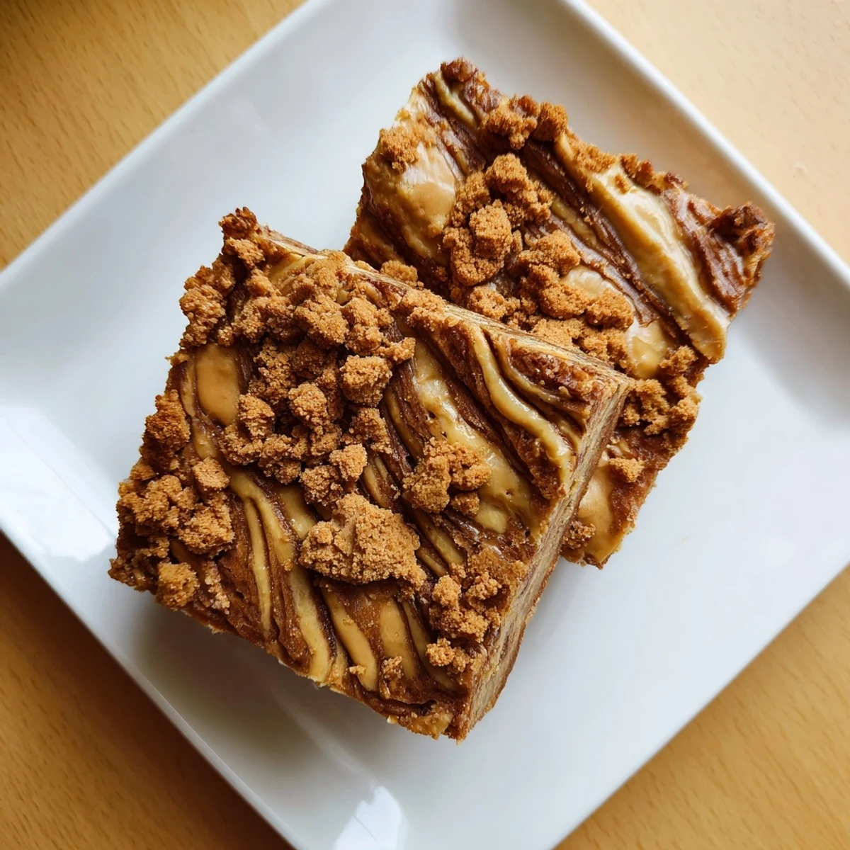 Freshly baked Biscoff Blondies with brown butter aroma are served warm, topped with extra Biscoff cookie crumbles for crunch.