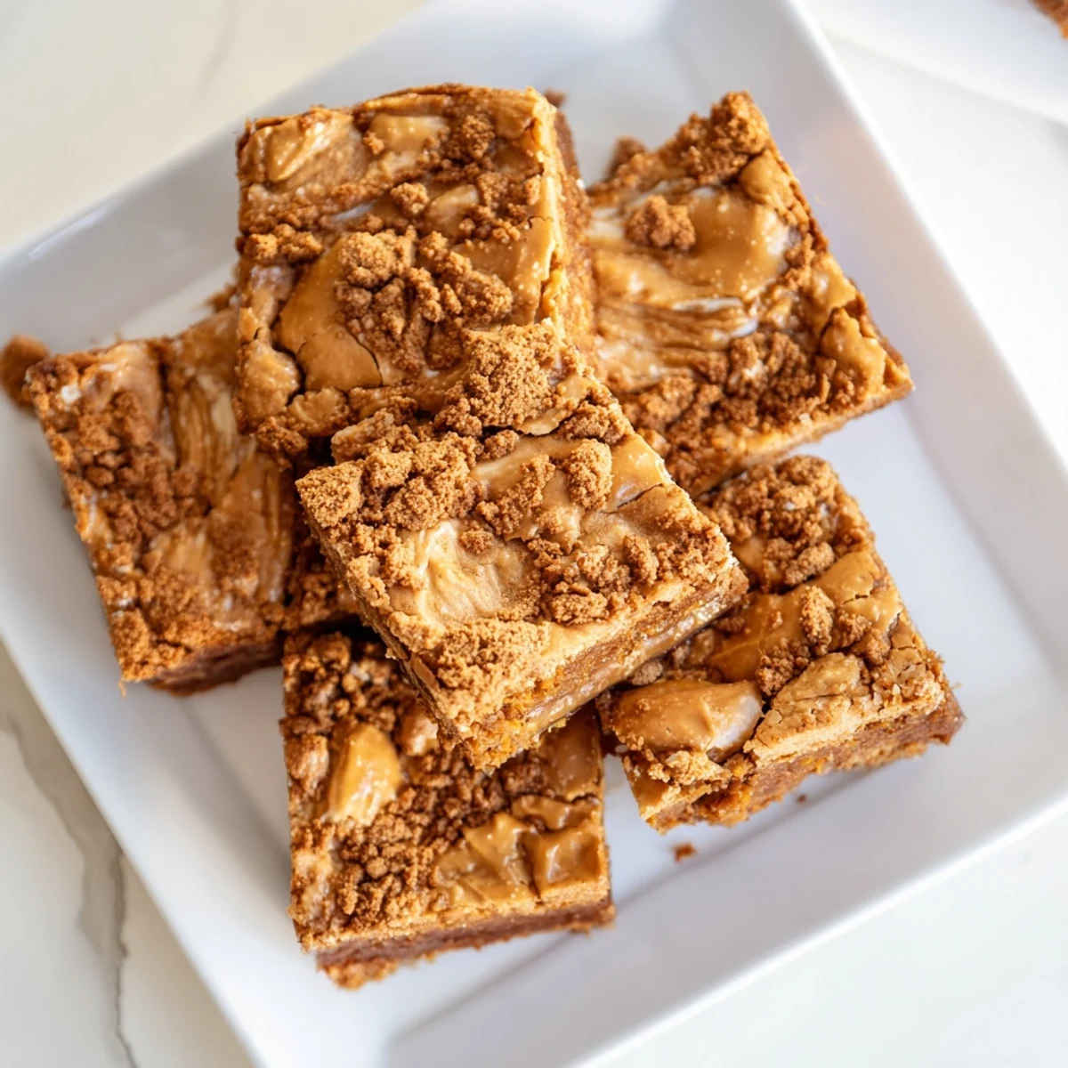 A close-up of Brown Butter Biscoff Blondies reveals gooey layers and a golden crust, perfect for a sweet dessert plate.