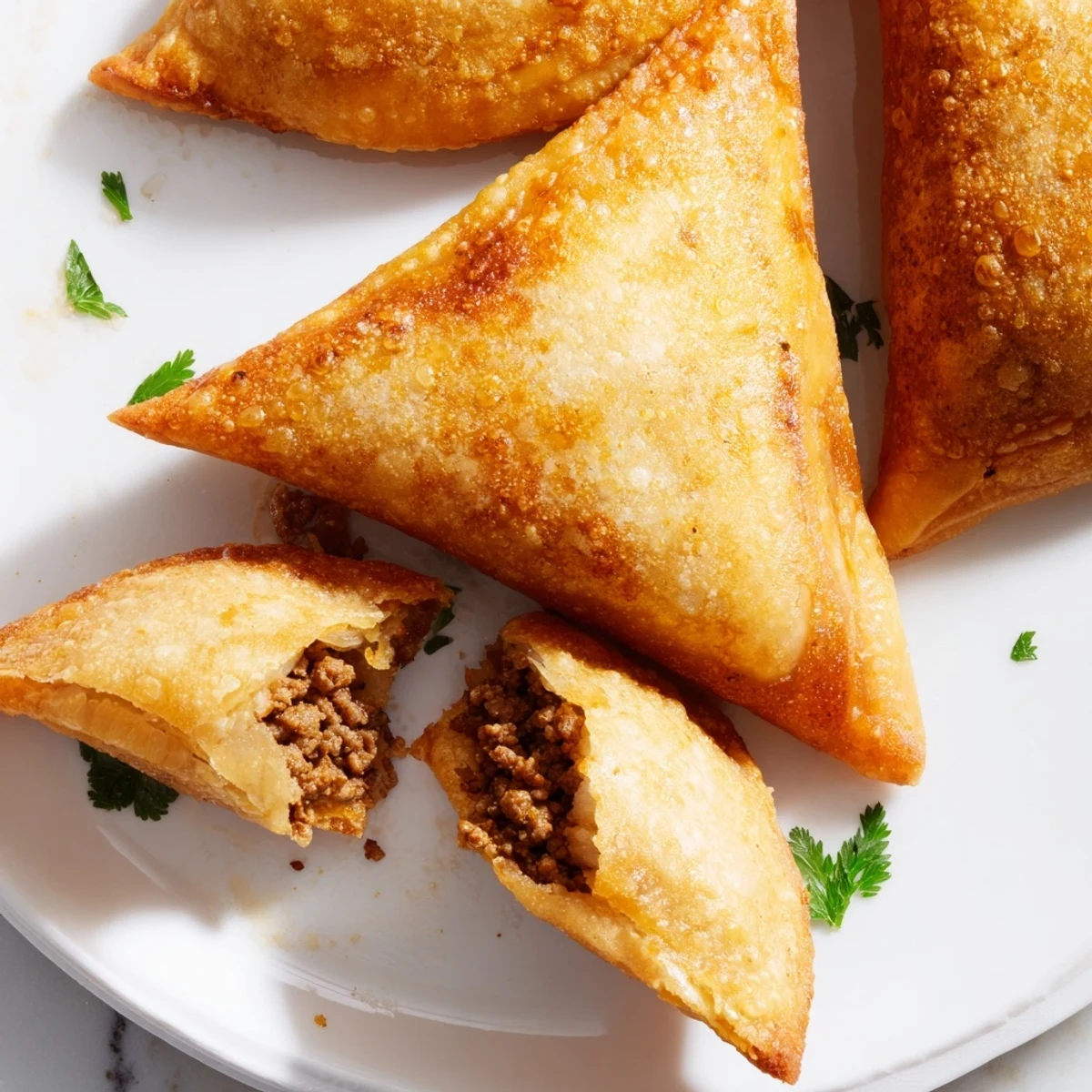 Crispy golden Spiced Meat Sambusas with steam rising from spiced beef filling served with chutney.