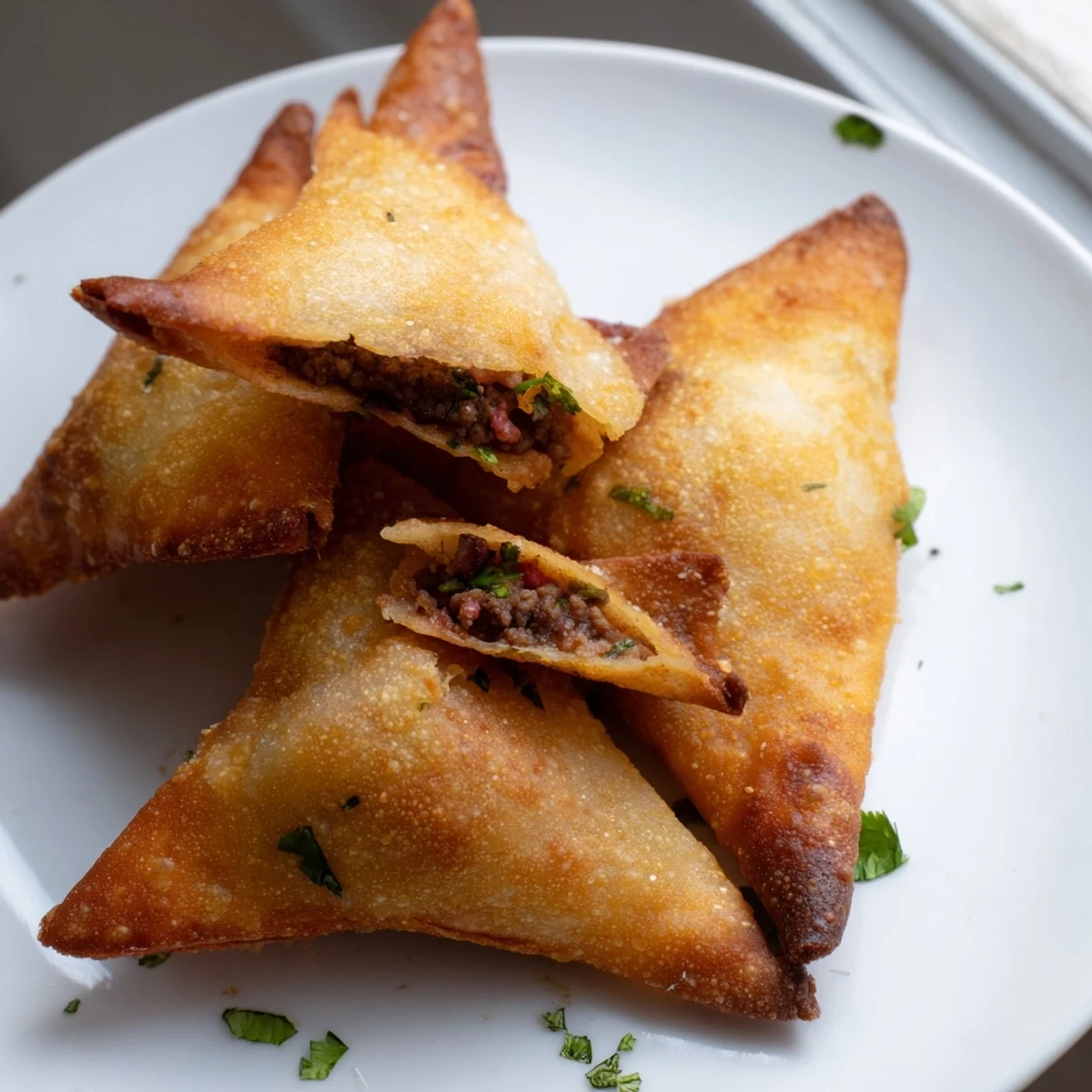 Golden brown Spiced Meat Sambusas arranged on a plate next to fresh cilantro and lemon wedges.