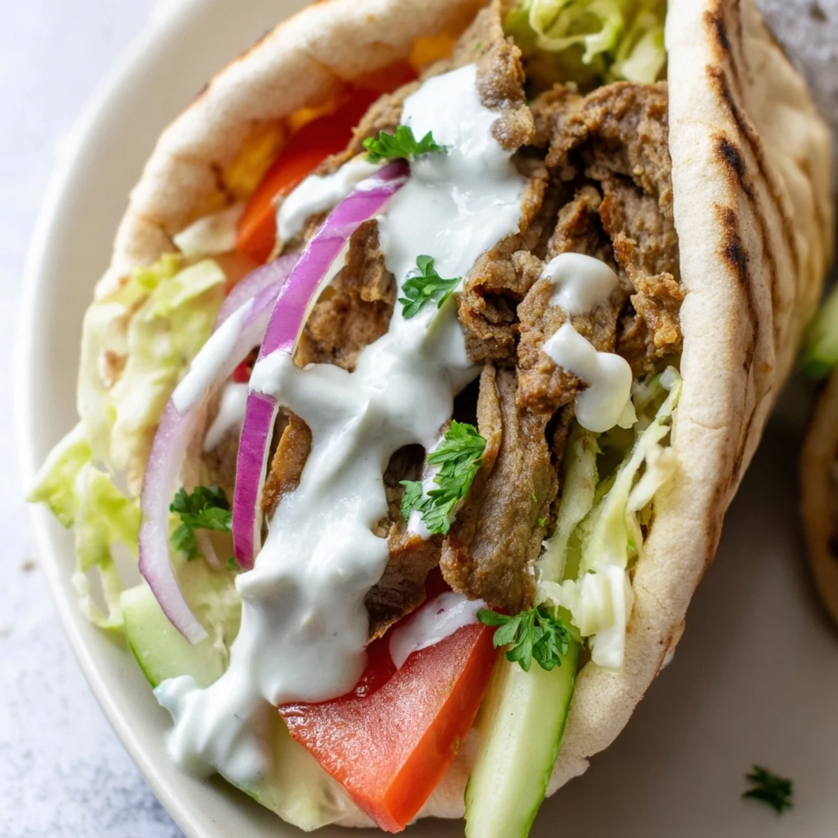 Freshly grilled Homemade Doner Kebab with spiced lamb, crisp lettuce, and creamy garlic sauce on warm pita bread.