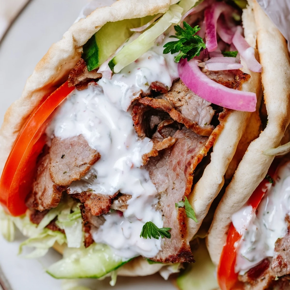 Sliced Homemade Doner Kebab stuffed with juicy meat, ripe tomatoes, crunchy cucumbers, and fresh parsley for a street food vibe.