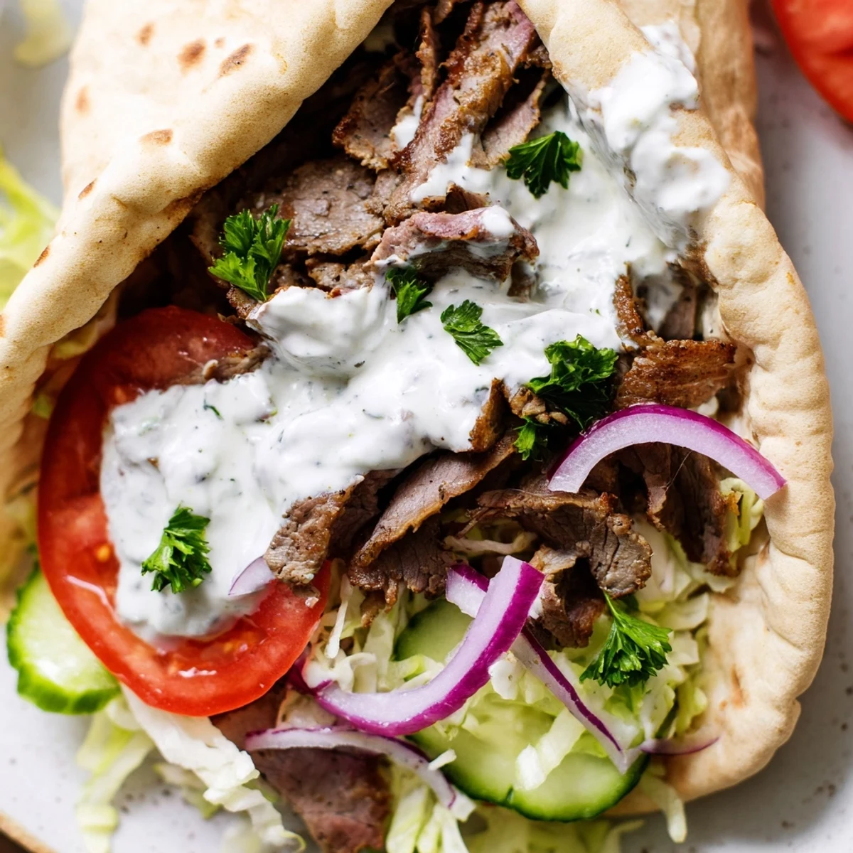 Homemade Doner Kebab wrapped in soft flatbread, featuring tender spiced meat and vibrant vegetables ready for a satisfying bite.