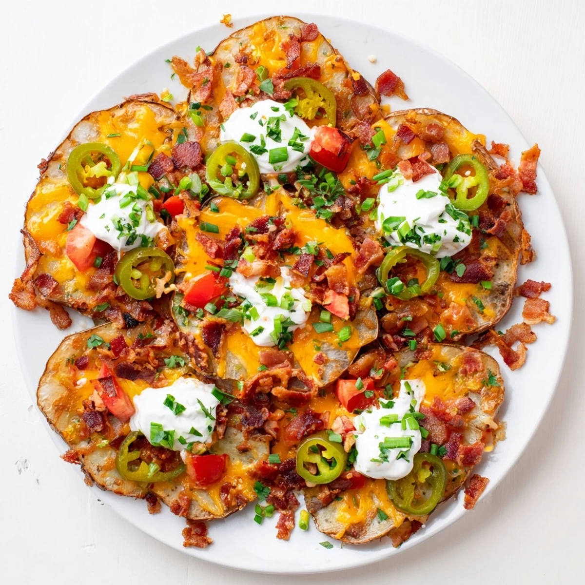 A close-up of Irish Nachos with sour cream dollops, jalapeños, and green onions on a warm platter.