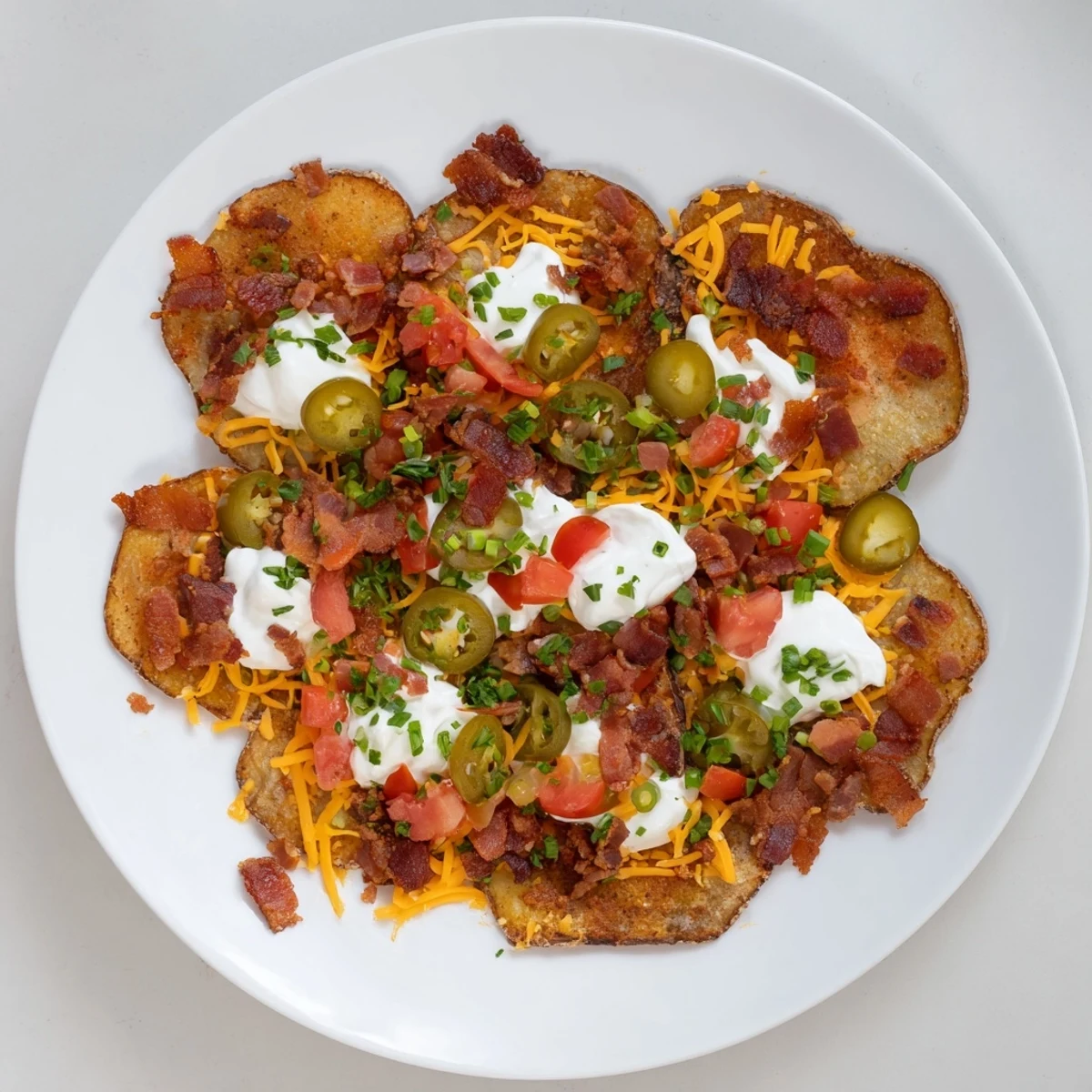 Rustic serving plate of Irish Nachos topped with tomatoes and parsley, perfect for sharing at a party.