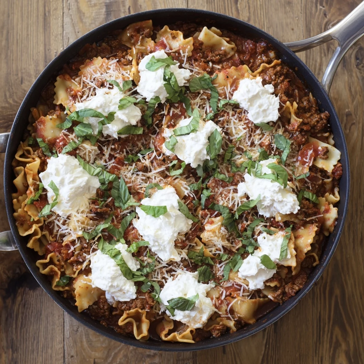 Skillet Lasagna features tender pasta, savory ground beef, and bubbly mozzarella served warm from the stovetop.