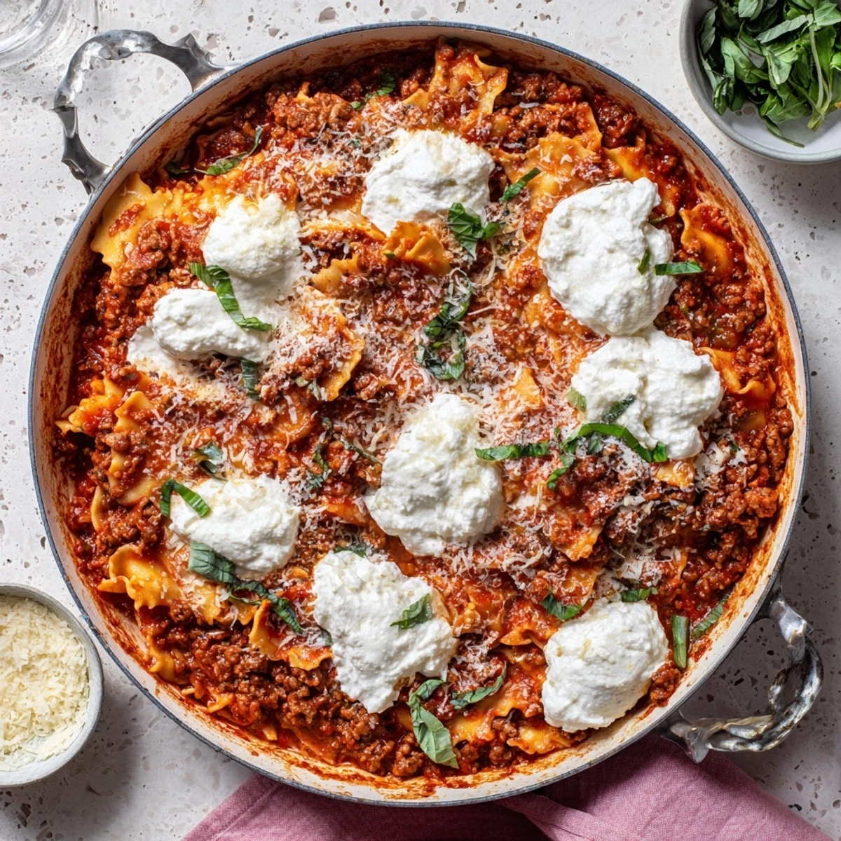 This one-pan Skillet Lasagna shows melted ricotta and Parmesan over rich meat sauce for weeknight comfort.
