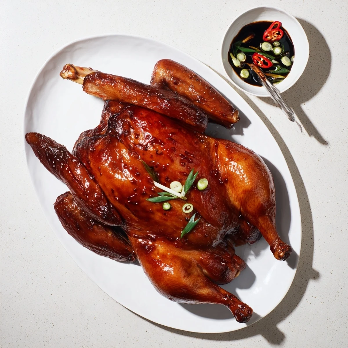A whole roasted Shandong chicken with glistening crispy golden skin sits on a wooden board, surrounded by sliced scallions and a small dipping sauce bowl.