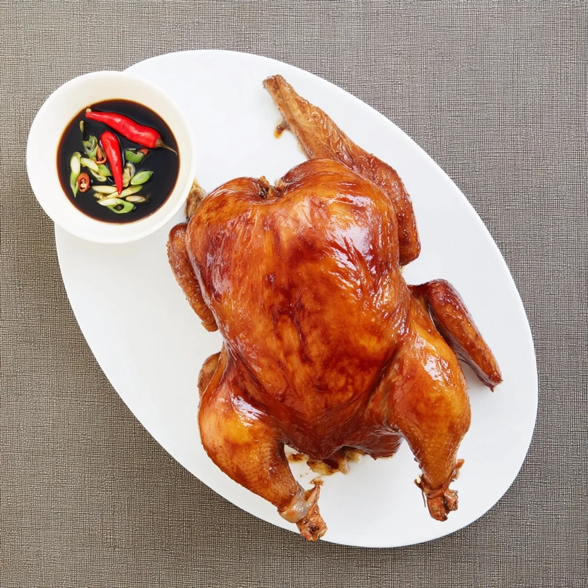 Juicy sliced pieces of Shandong roast chicken are arranged on a platter next to fluffy steamed rice and stir-fried greens for a complete meal.