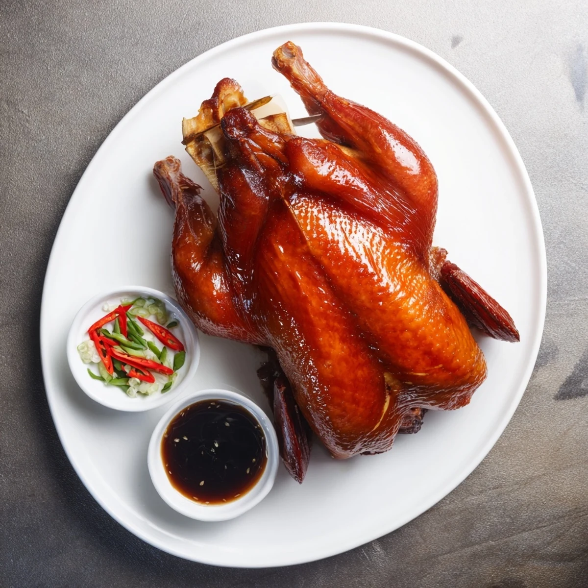 Freshly carved Shandong roast chicken highlights tender meat and crackling skin, with steam rising and a side of savory black vinegar dipping sauce.