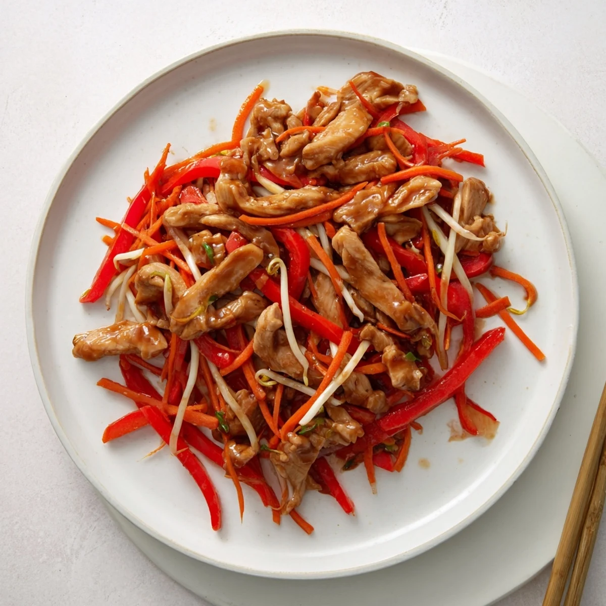 Sizzling Peking Style Chicken with tender pieces, fresh peppers, and carrots served over steamed rice.