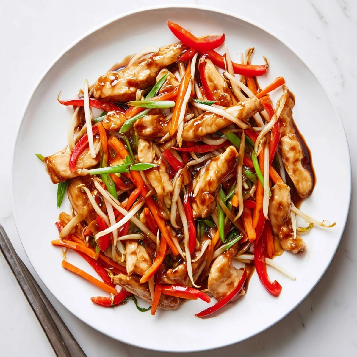 A close-up of Peking Style Chicken stir-fry, glazed in savory sauce, garnished with green scallions.