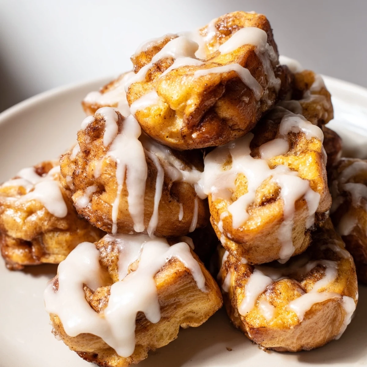 Golden-brown Cinnamon Roll French Toast Bites drizzled with icing on a plate, served with fresh berries for breakfast.