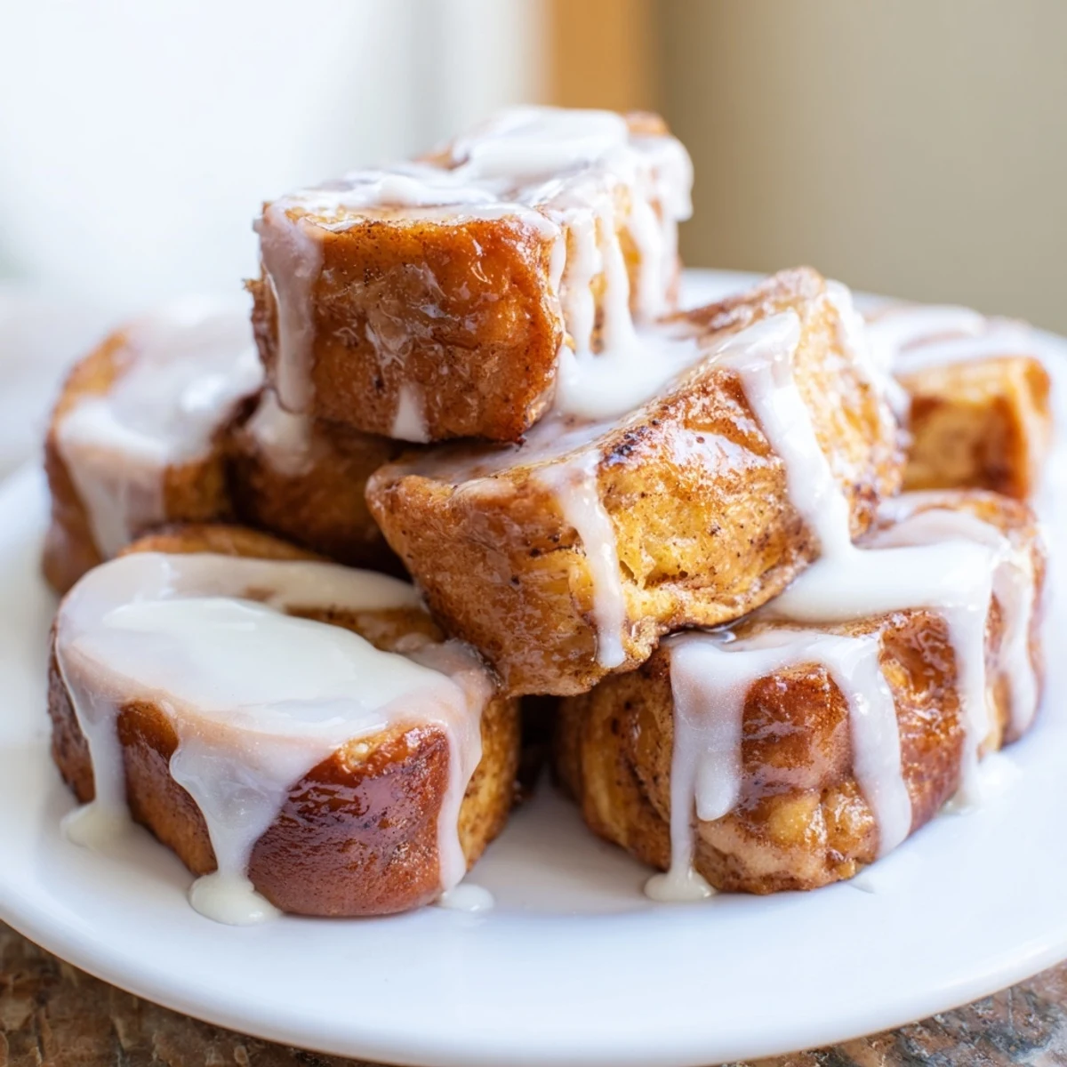 Freshly cooked Cinnamon Roll French Toast Bites on a white plate, next to a pitcher of maple syrup.