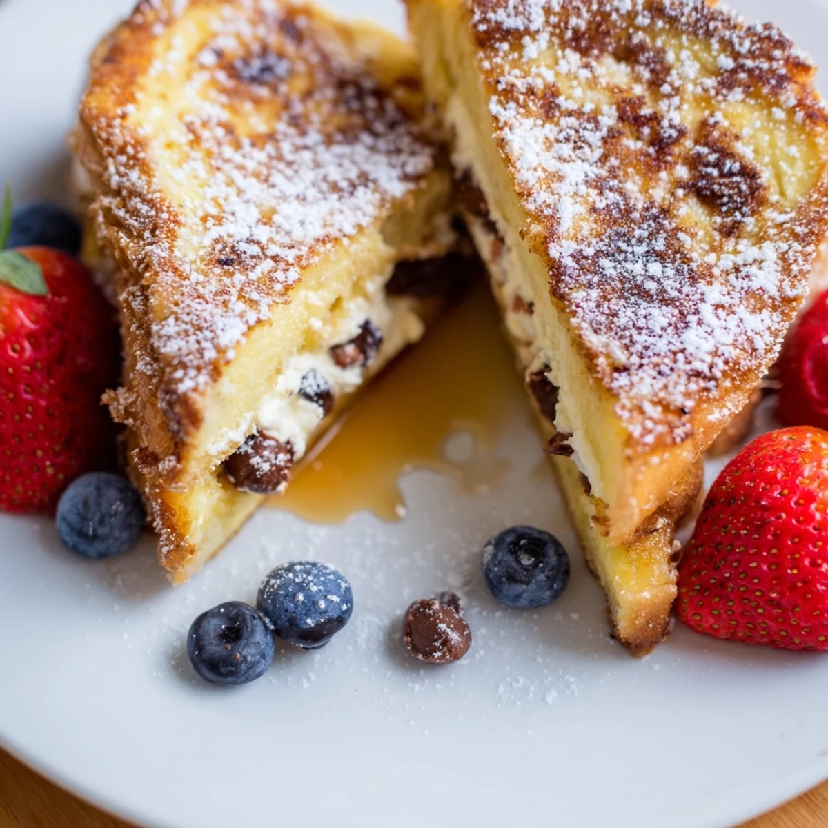 Golden slices of Decadent Cannoli Stuffed French Toast glisten with a dusting of powdered sugar and fresh berries.