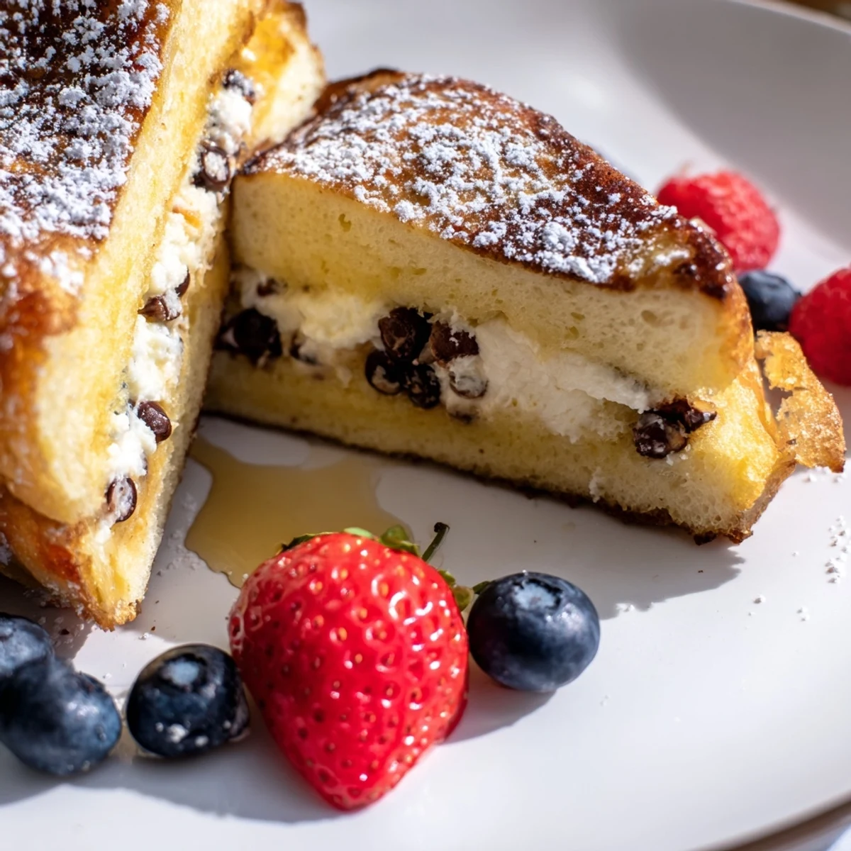 Thick slices of Decadent Cannoli Stuffed French Toast are pan-fried and served with warm maple syrup.