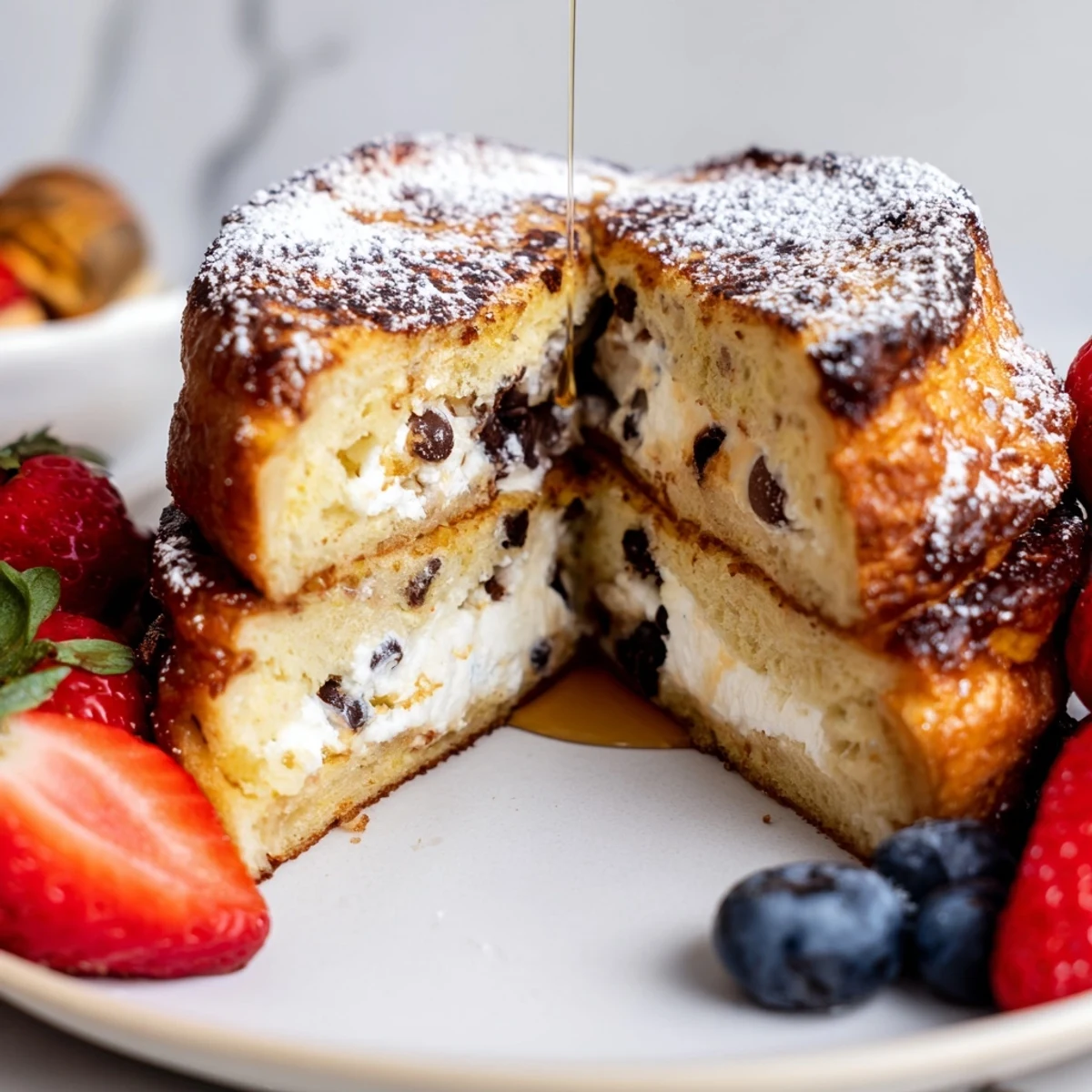 A close-up view of Decadent Cannoli Stuffed French Toast reveals creamy filling peeking from cinnamon-dipped brioche.