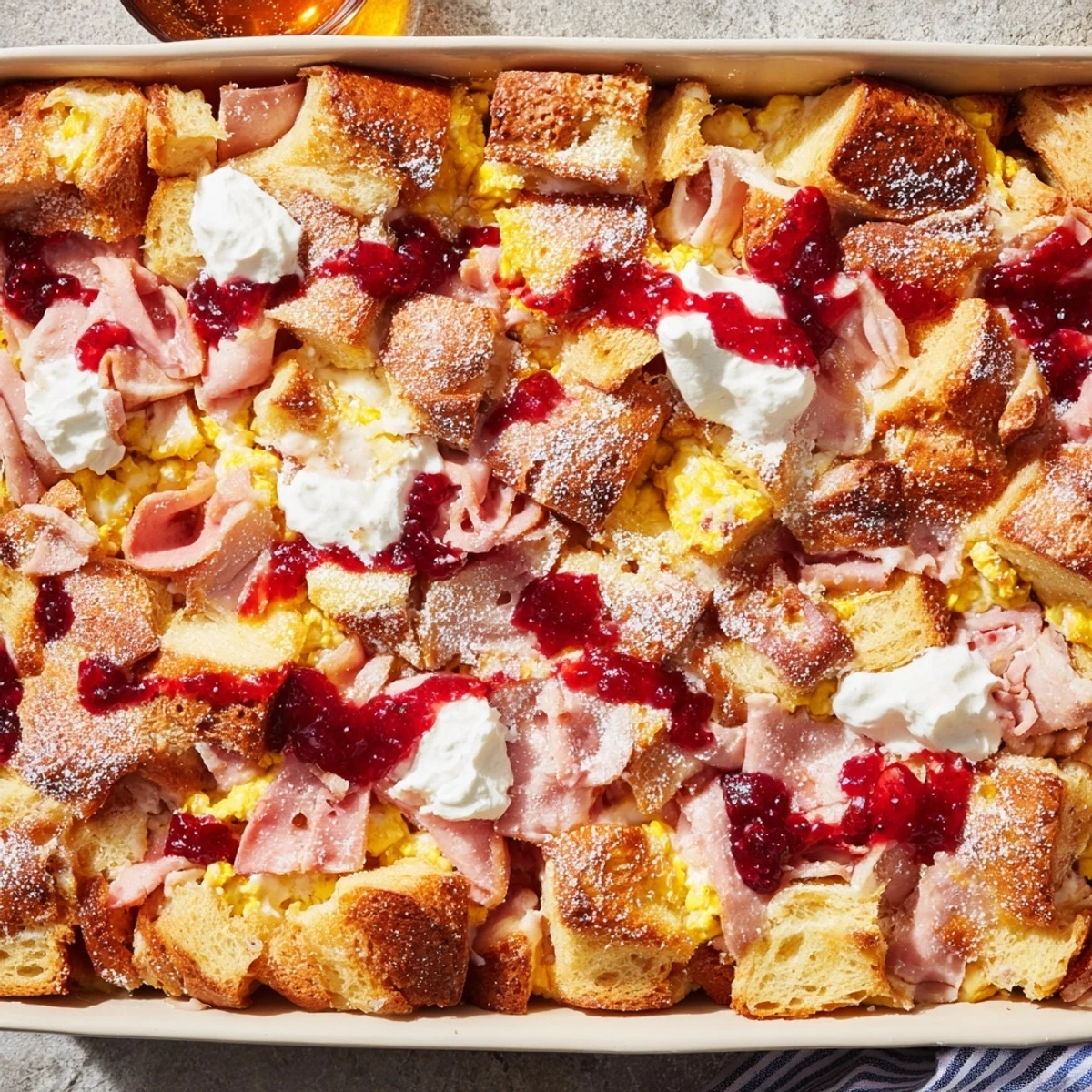 Golden-brown Monte Cristo Breakfast Casserole slices dusted with powdered sugar on a rustic plate.