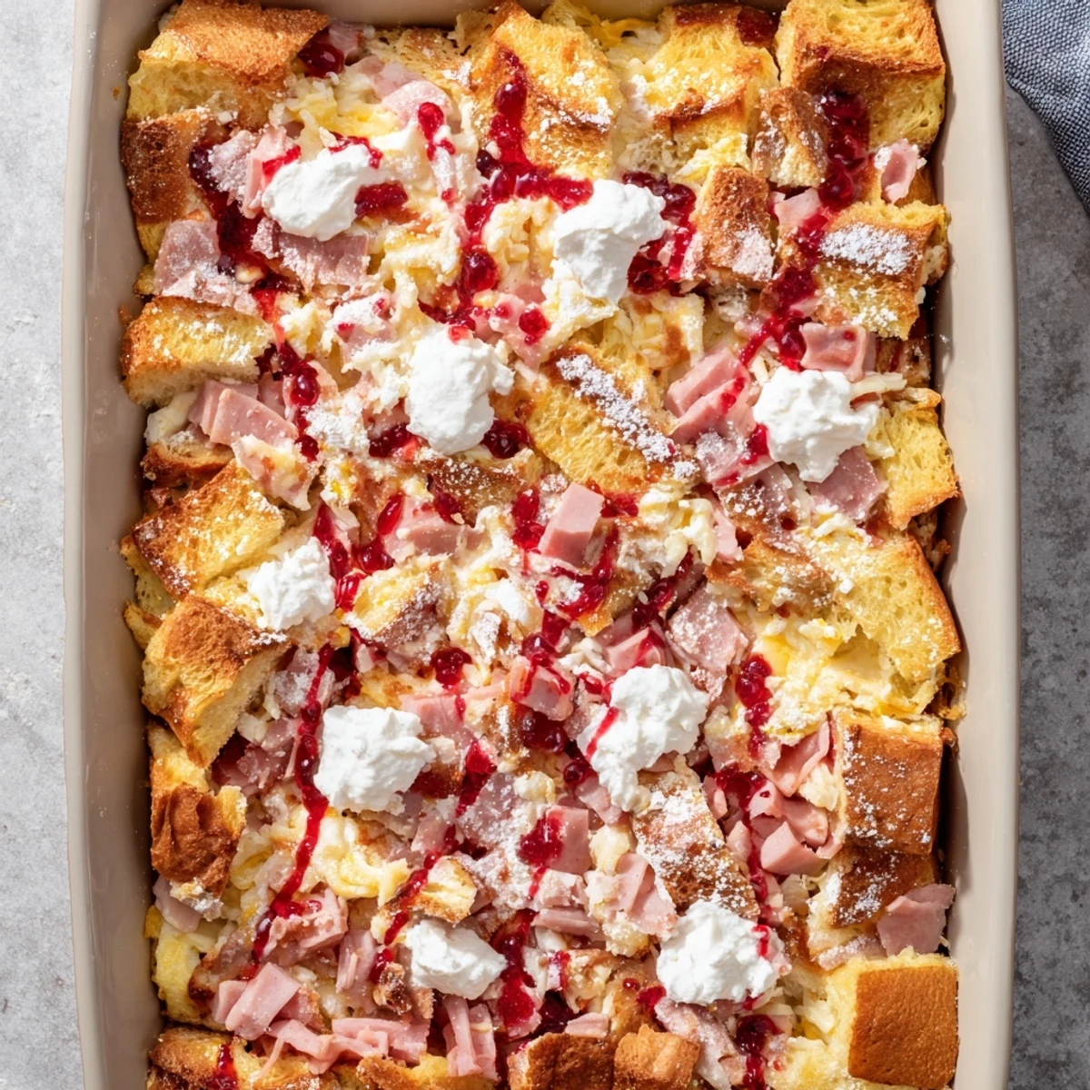 Monte Cristo Breakfast Casserole served with raspberry preserves and fresh fruit for brunch.