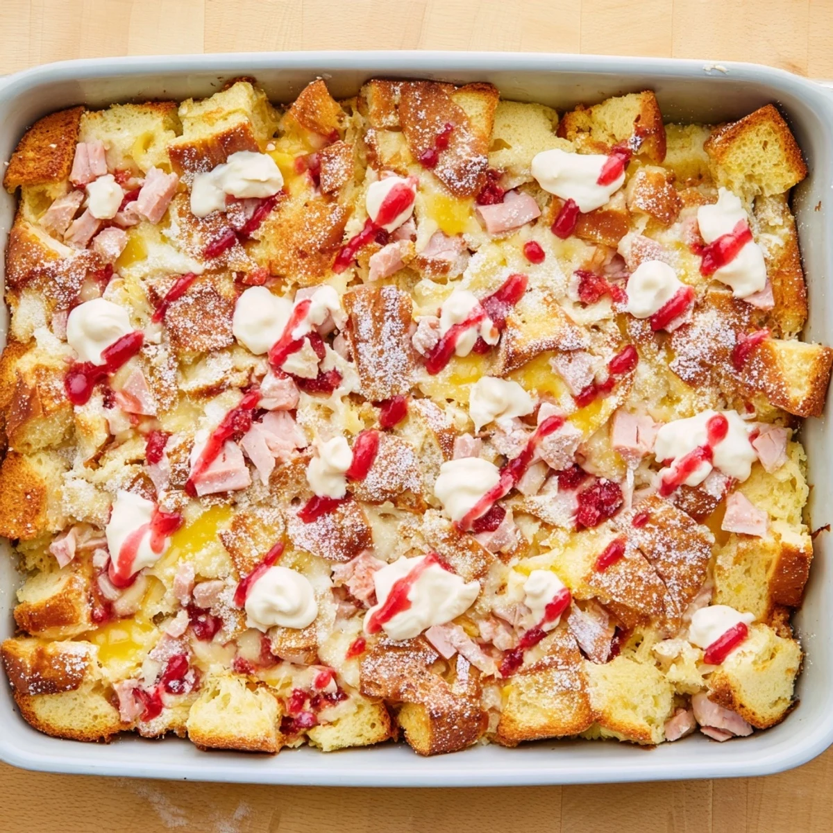 Ham and Swiss cheese peek from inside a baked Monte Cristo Breakfast Casserole.