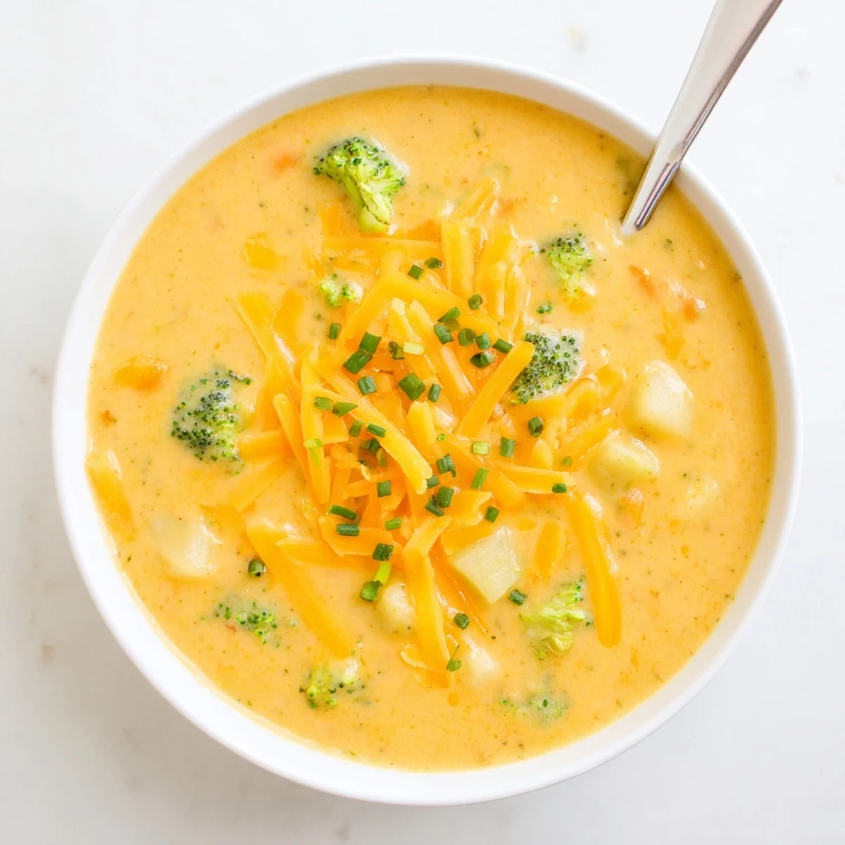 Velvety Creamy Cheesy Broccoli Potato Soup garnished with green chives and extra shredded cheddar.