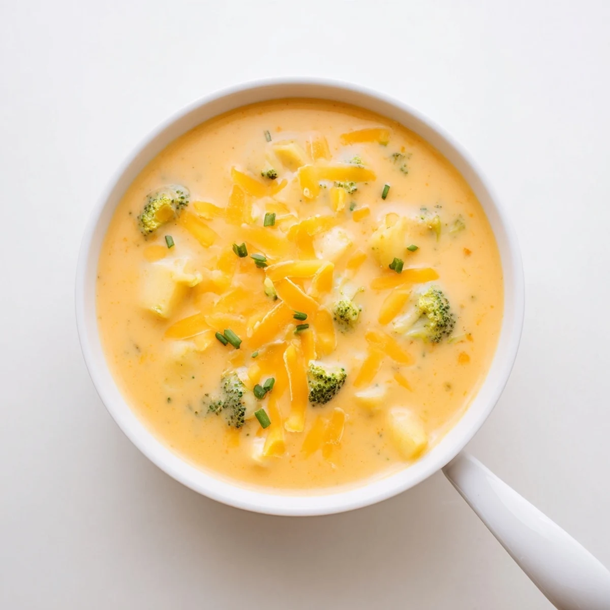 A comforting bowl of Creamy Cheesy Broccoli Potato Soup served with a crusty bread slice.