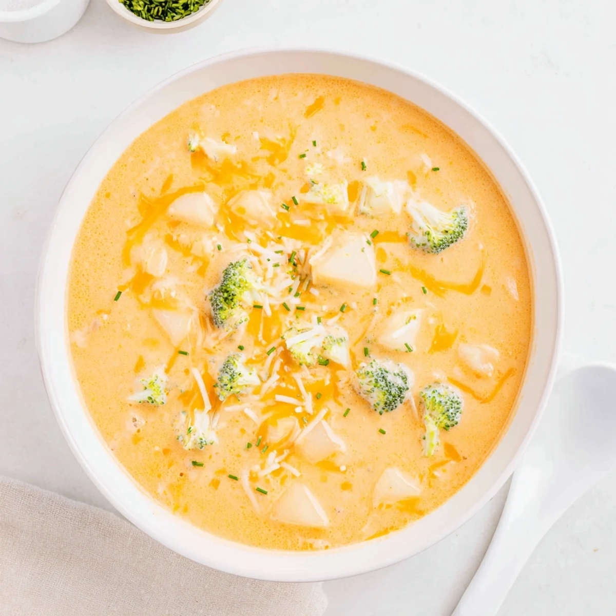 Hot Creamy Cheesy Broccoli Potato Soup in a rustic bowl, steam rising and melted cheese visible.