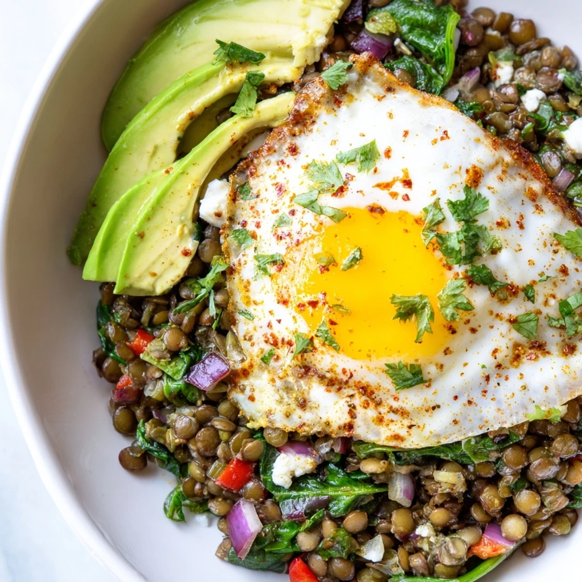 Steaming Savory Lentil Breakfast Bowl with sautéed veggies and a runny egg.