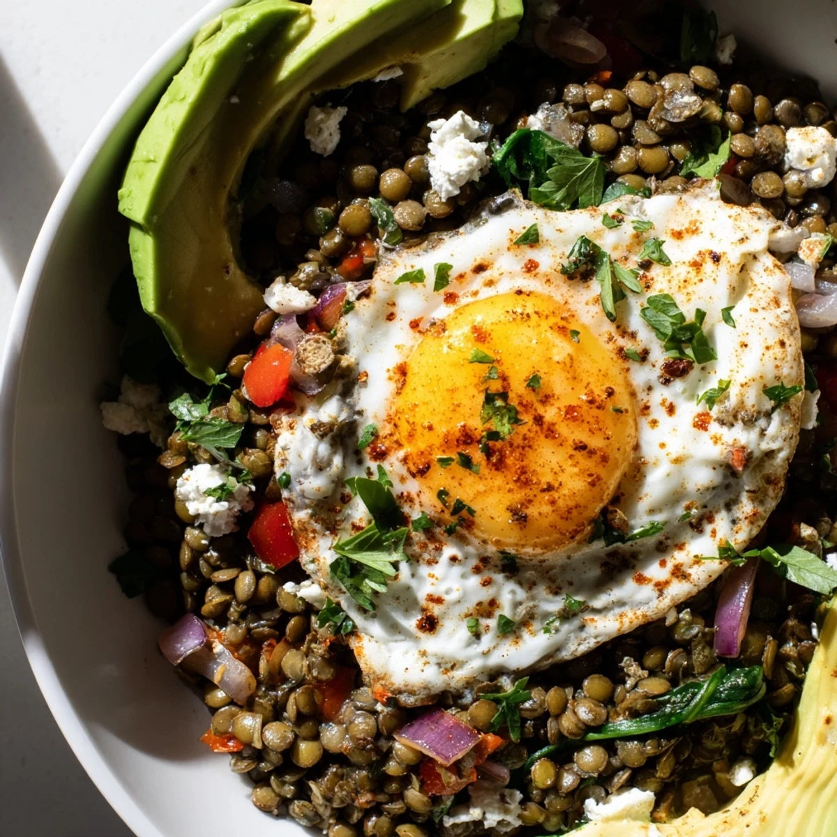 Brightly colored Savory Lentil Breakfast Bowl topped with fresh herbs and avocado.