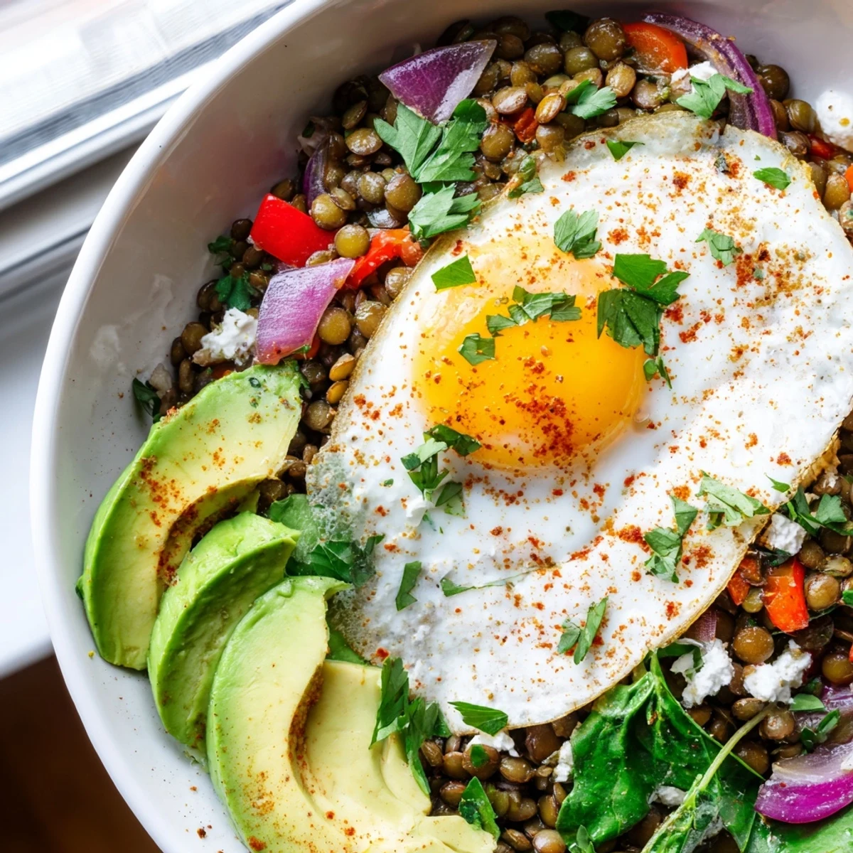 Hearty Savory Lentil Breakfast Bowl served warm with a side of hot sauce.