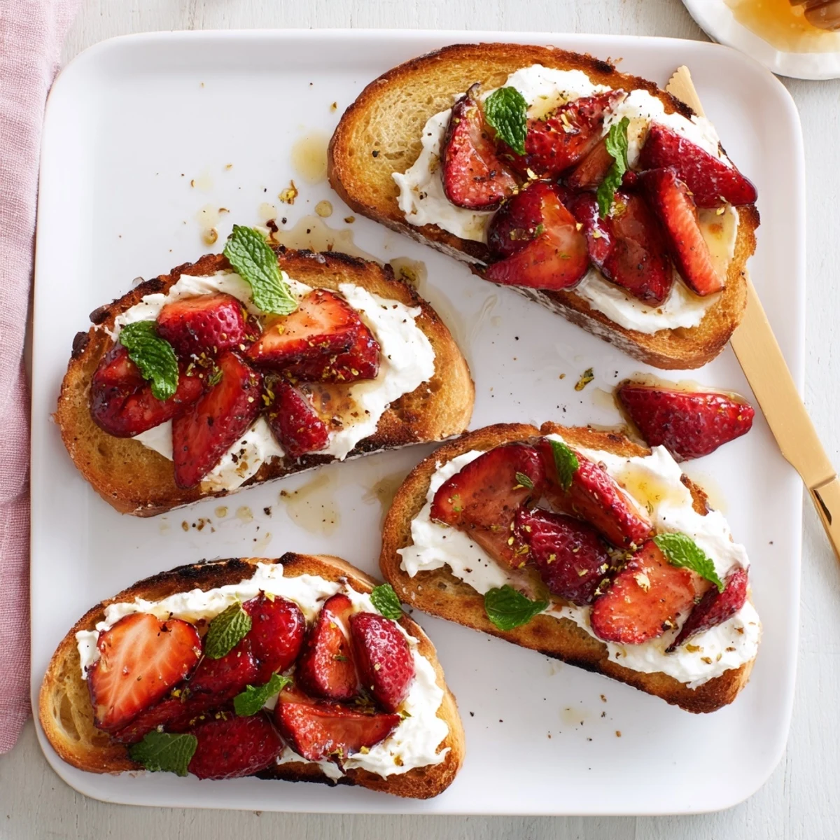Golden, syrupy roasted strawberries glisten atop creamy whipped ricotta spread on crisp toast in this Roasted Strawberry Whipped Ricotta Toast.