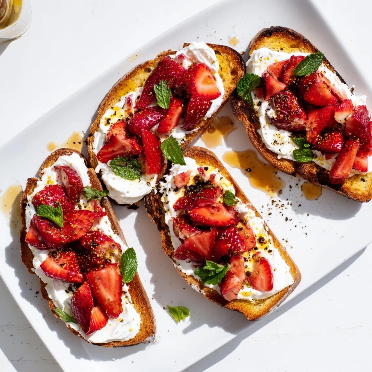 Perfect for a sunny breakfast or snack, this Roasted Strawberry Whipped Ricotta Toast is served warm on a rustic plate.