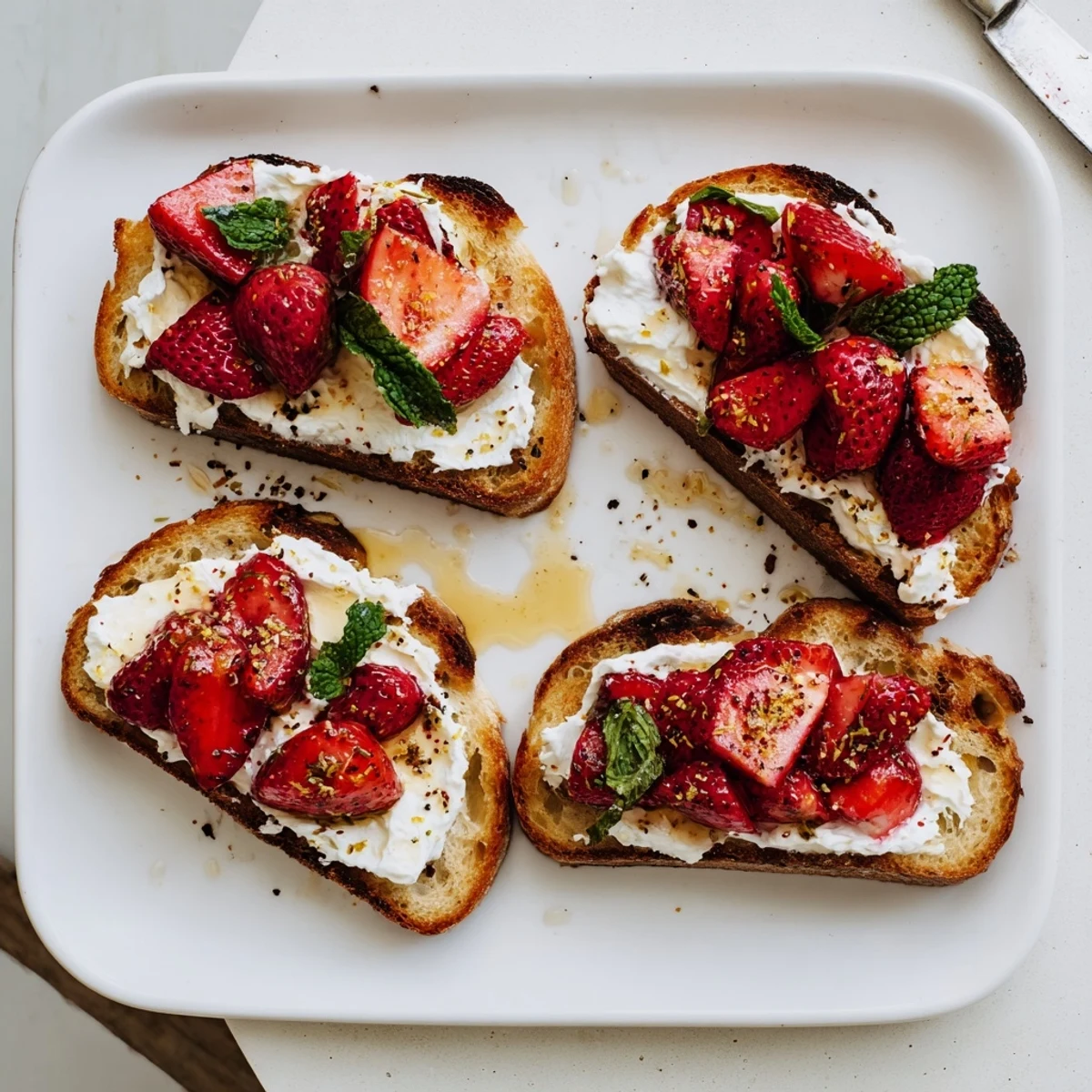 A close-up of Roasted Strawberry Whipped Ricotta Toast shows mint garnish and drizzled balsamic roasting juices for a savory-sweet bite.