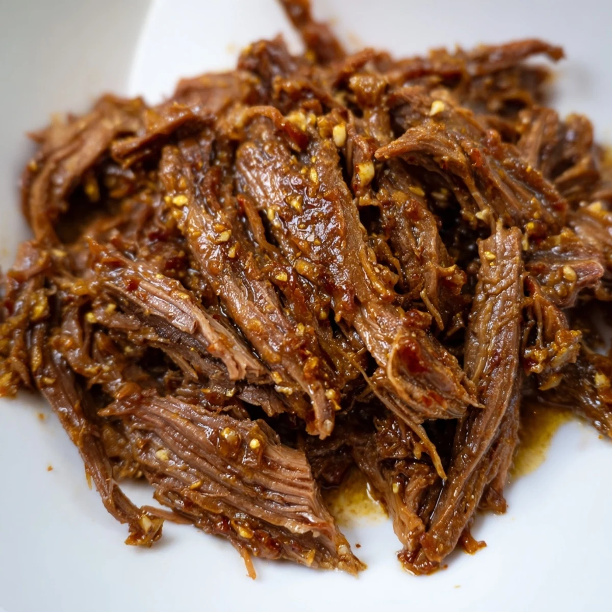 Tender Slow Cooker Korean Beef Pot Roast With Soy Garlic Gravy served with carrots and potatoes.