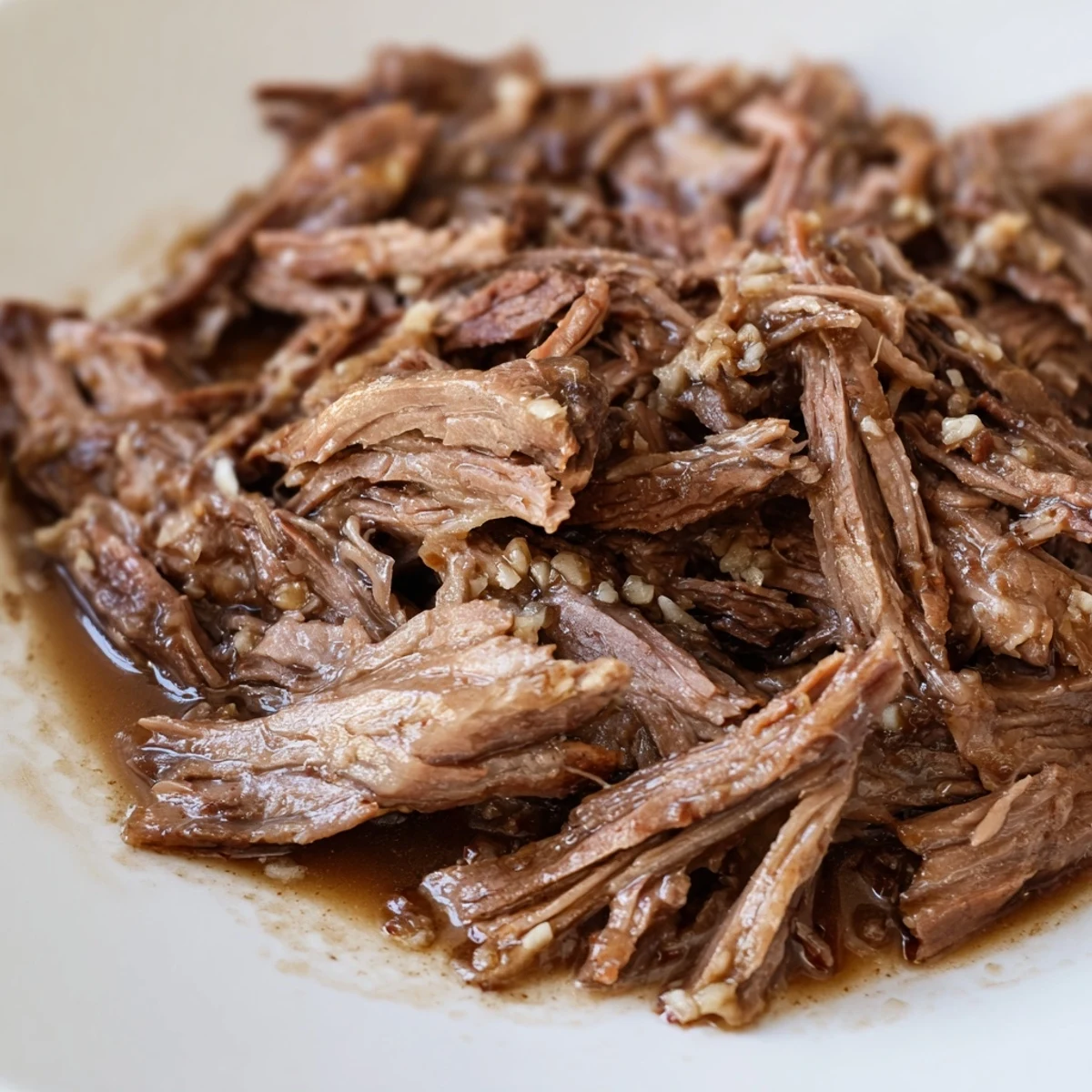 A close-up of shredded Slow Cooker Korean Beef Pot Roast With Soy Garlic Gravy garnished with sesame seeds.