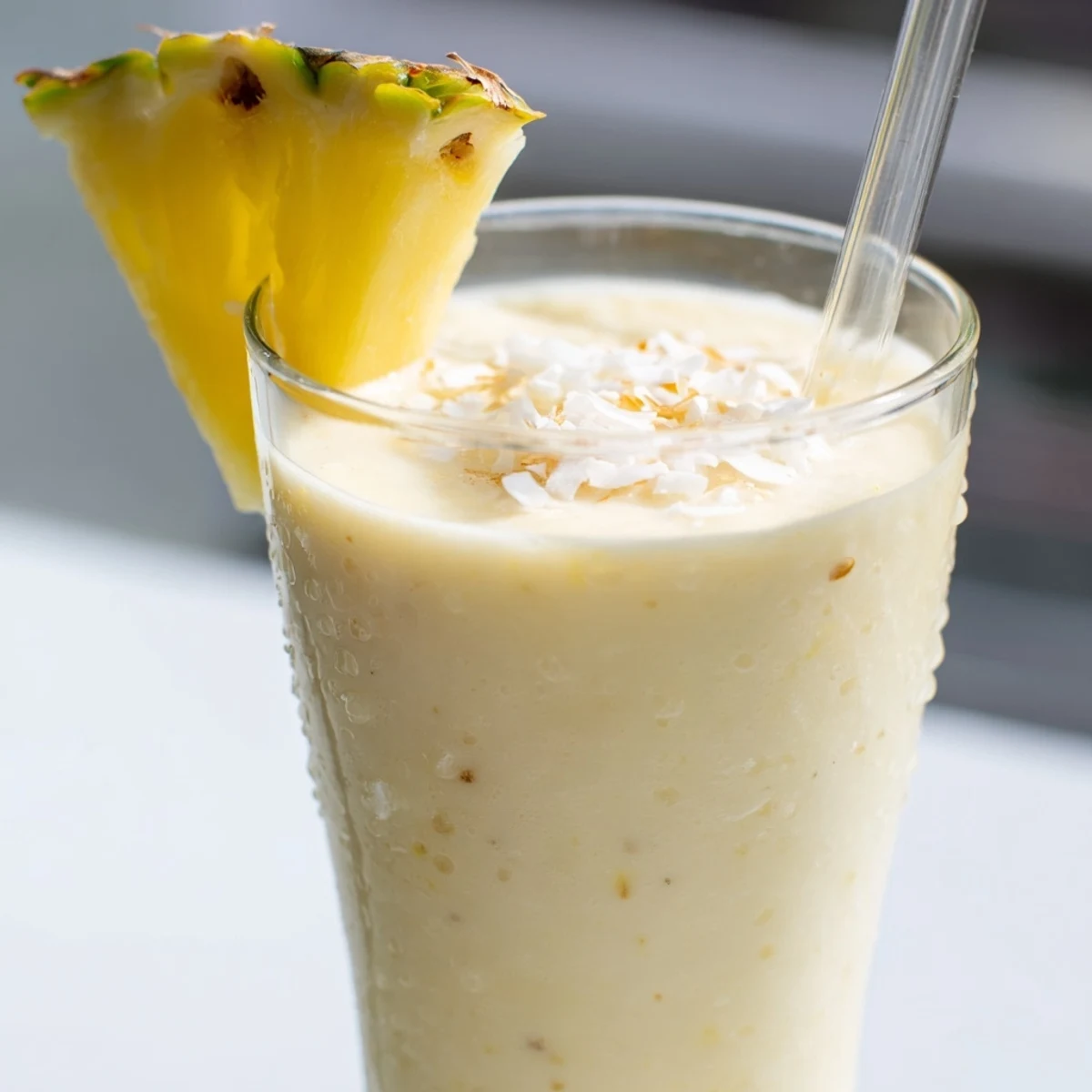 A glass of vibrant Pineapple Coconut Smoothie with frosty texture and a coconut flake garnish.