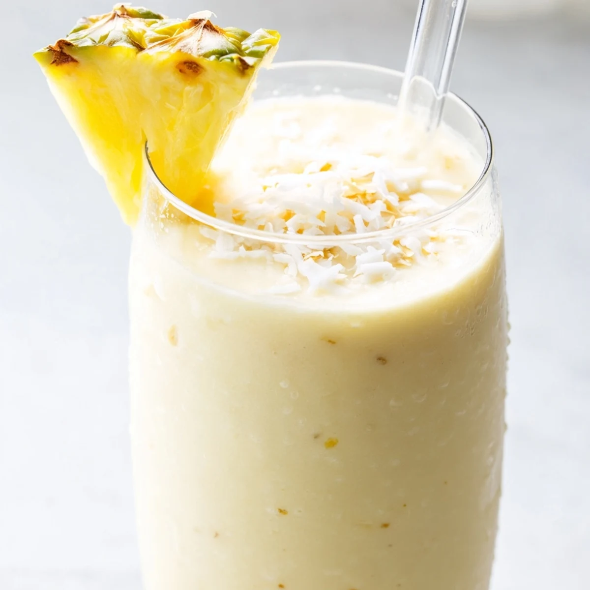In a tall glass, the creamy Pineapple Coconut Smoothie showcases fresh pineapple chunks and icy blend.