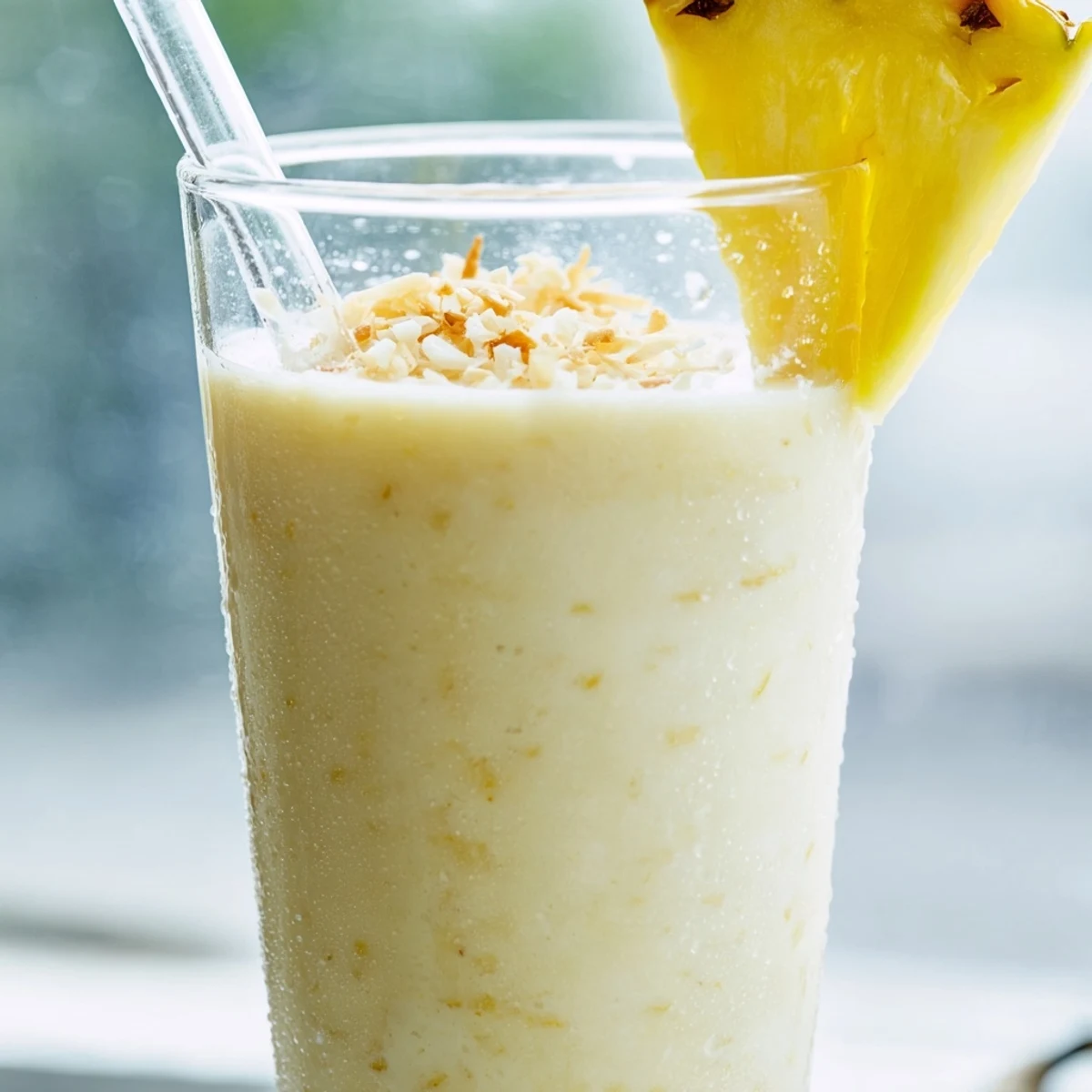 Chilled Pineapple Coconut Smoothie poured into a glass, garnished with a pineapple wedge for serving.