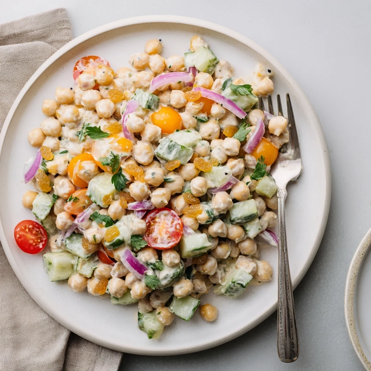 Bright bowl of Curried Chickpea Salad with crisp veggies and creamy golden dressing.