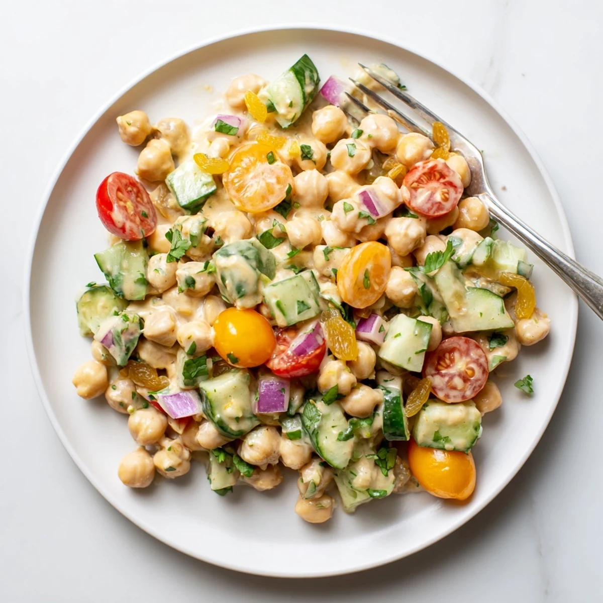 Curried Chickpea Salad served chilled with cherry tomatoes and fresh cilantro garnish.