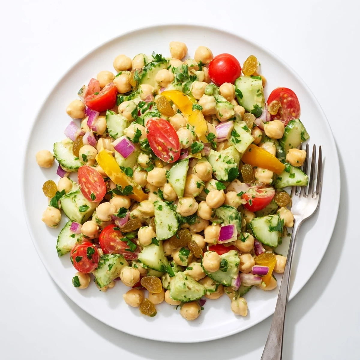 A vibrant Curried Chickpea Salad topped with raisins and ready for a light lunch.