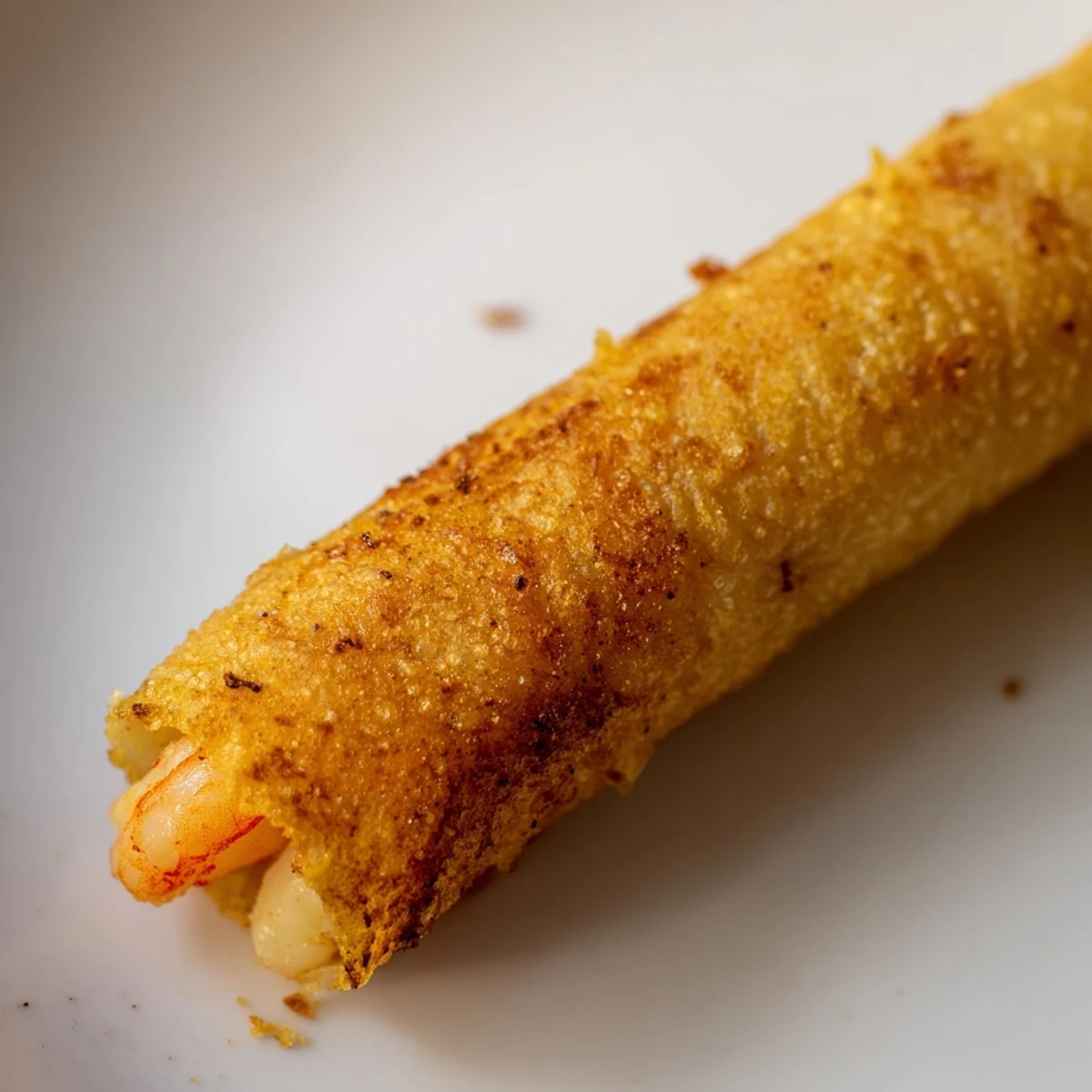 Crispy Shrimp Avocado Taquitos stacked on a plate with lime wedges and salsa for dipping.