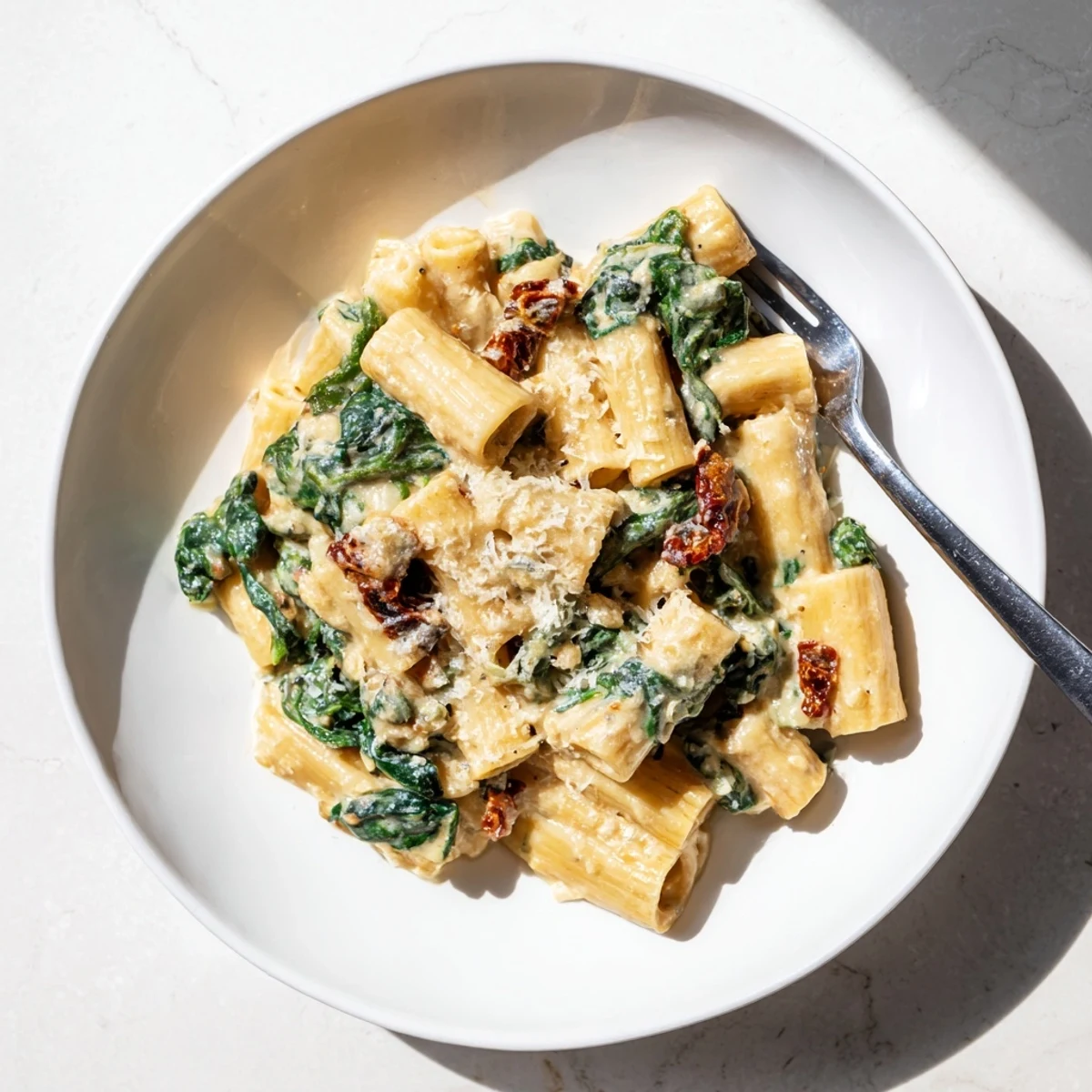 Creamy Tuscan Garlic Sauce coats fresh pasta, with vibrant spinach and sun-dried tomatoes adding a burst of color.