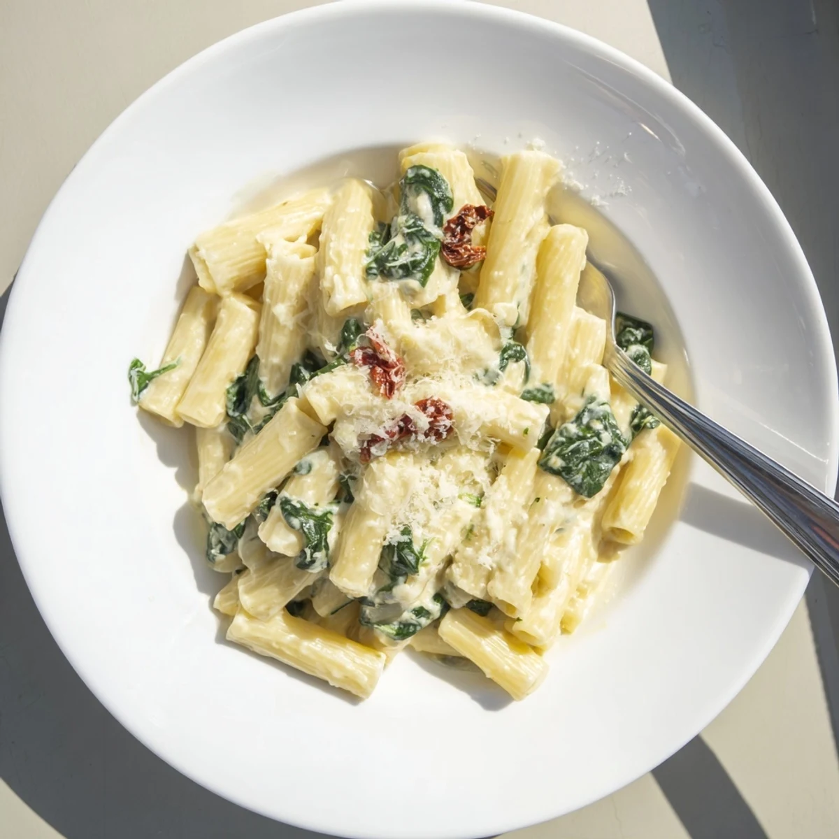 A spoonful of Creamy Tuscan Garlic Sauce showcases a velvety texture with specks of garlic and red peppers.