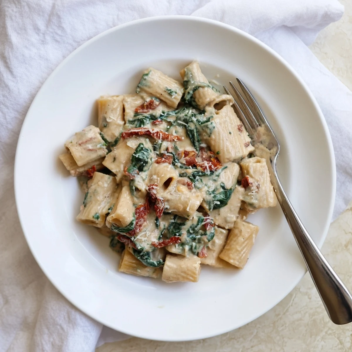 Serving suggestion of Creamy Tuscan Garlic Sauce over grilled chicken, garnished with fresh basil and grated Parmesan.