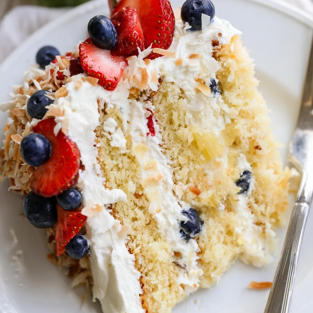 Moist layers of Pineapple Coconut God Bless America Cake topped with patriotic cream cheese frosting and fresh berries.