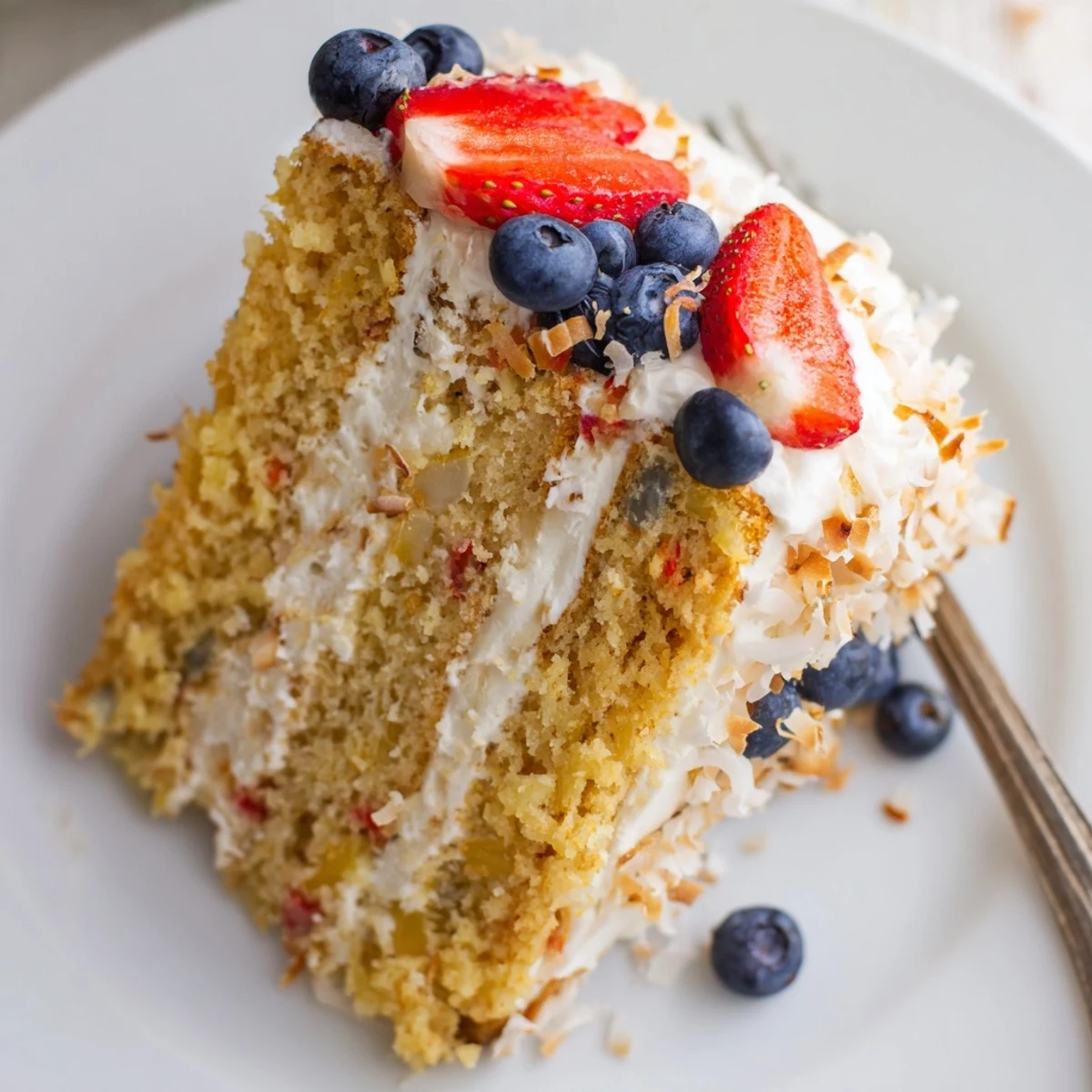 Decadent Pineapple Coconut God Bless America Cake decorated with strawberries and blueberries on a white plate.