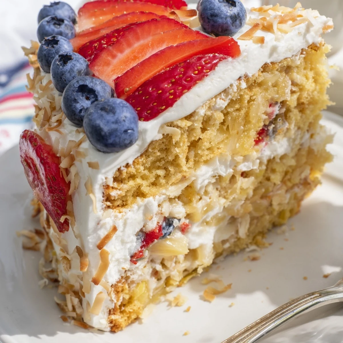 A slice of Pineapple Coconut God Bless America Cake reveals crumb with pineapple chunks and shredded coconut.